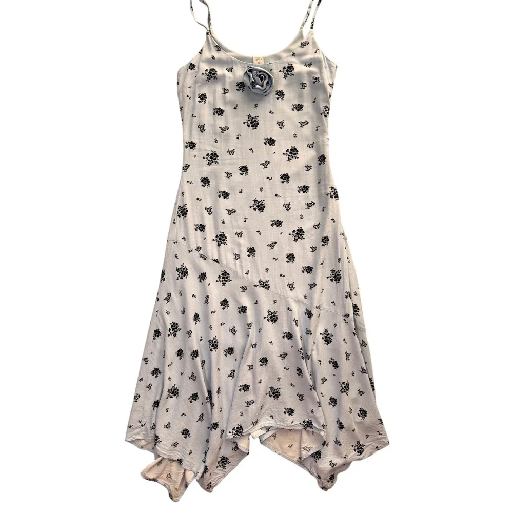 Tinsel Town Midi Dress Womens XS Blue Excellent Floral Rosette Handkerchief‎ Hem